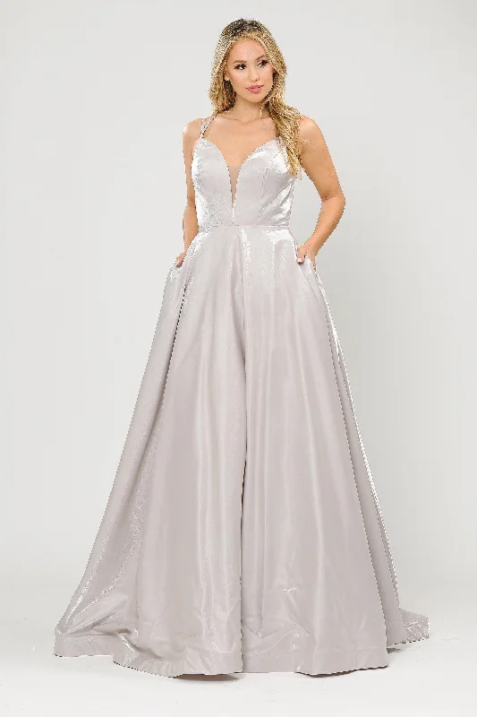 Seasonal Sale Long A-line Satin Dress with Illusion V-Neckline by Poly USA 8644 Vintage Charm