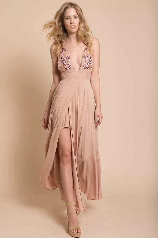 Flash Sale Fever Summer Wedding Embroidered Floral Maxi Dress Mocha Refined Simplicity