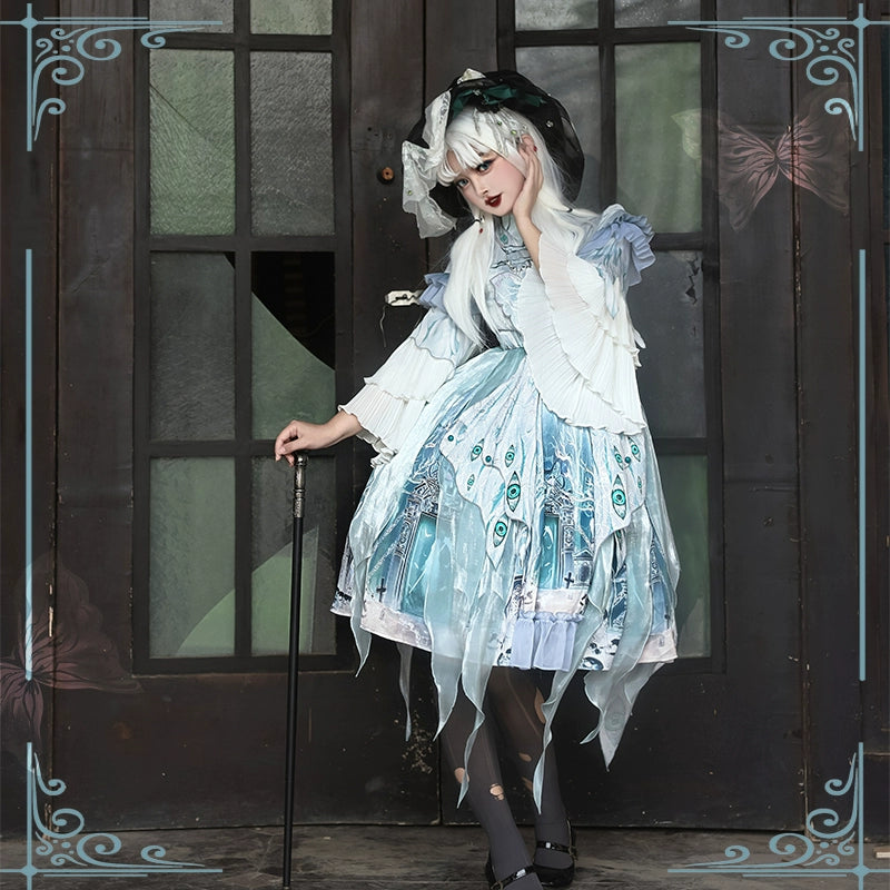Huge Price Cut (BFM)YingLuoFu~Cthulhu Mythos~Halloween Elegant Blue Lolita OP Dress