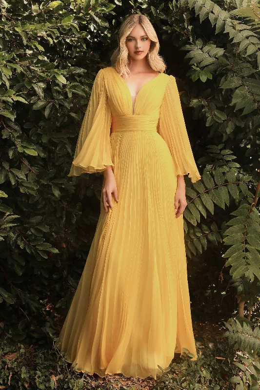 Luxury Casual Deals Cinderella Divine CD242 Long Sleeve Pleated Formal Prom Dress Yellow Graceful Cut