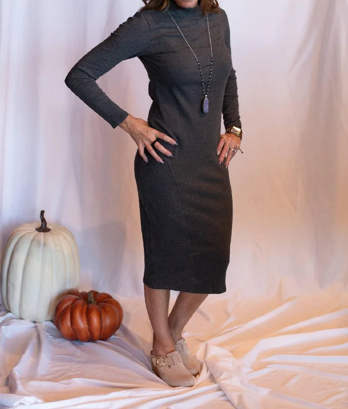 Affordable Trendy Fashion Daria Mock Neck Ribbed Midi Dress In Charcoal Sleek Design