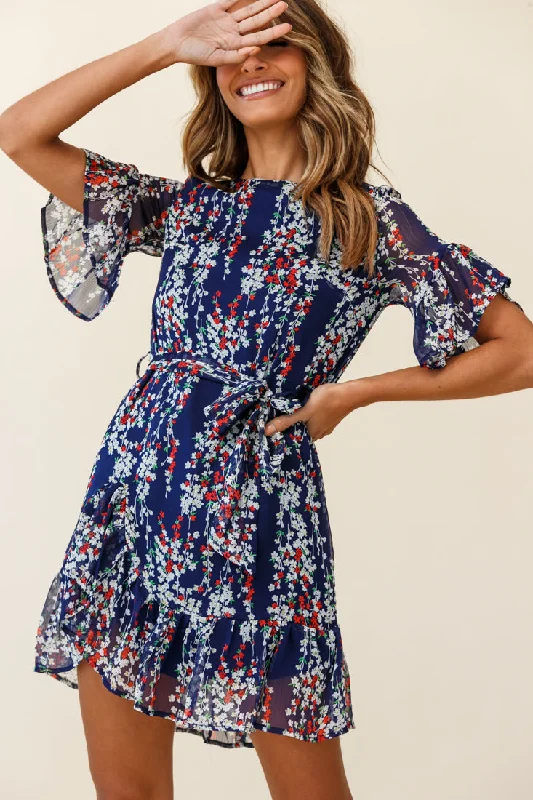 Fashionable Comfort Promotions Azealia Ruffle Hem Dress Floral Print Navy Luxury Style