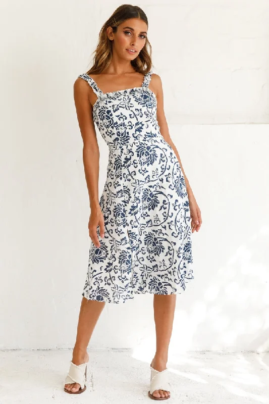 Save Big Magdalene Frill Strap A-Line Midi Dress Floral Print White Limited - Time Bundle