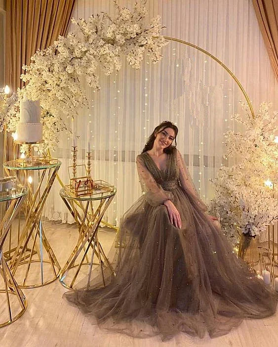 Everyday Elegance Sale A-line V-neck Tulle Illusion Evening Dress, Sheer Long Sleeves Evening Gown Y1204 Feminine Flow