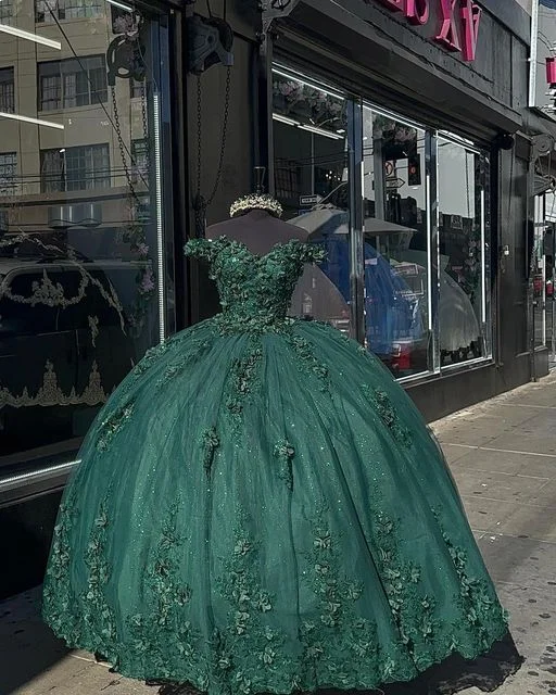 Summer Deals Dark Green Princess Ball Gown Quinceanera Dresses Sweet 15 Party 3D Flowers Lace Applique Birthday Gown Y4254 Polished Finish