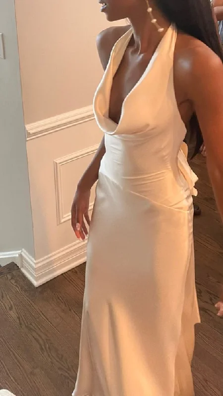 Trend Leading Collection Elegant Halter Sheath Satin Long Formal Prom Dress, MD7982 Minimalist Office - Ready Style
