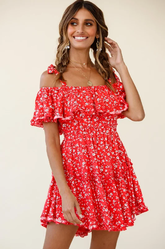 Seasonal Style Discounts Hacienda Bardot Neckline Frill Dress Floral Print Red Effortless Comfort