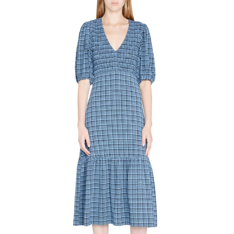 Huge Markdowns Seersucker Smocked Midi Dress In Granada Sky Lightweight Fabric