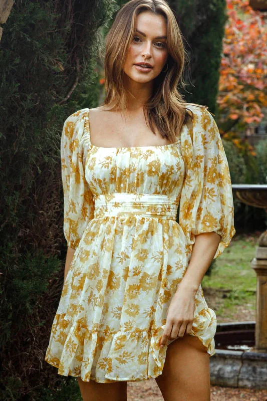 End Of Season Sale Abby Off-Shoulder Tie-Up Back Dress Floral Print Yellow Feminine Soft - Hued Look