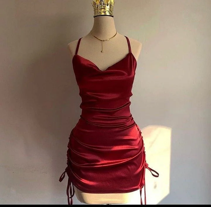 Essentials On Sale Wine Red Straps Sheath Satin Short Party Dress Homecoming Dress, MD7875 Lightweight Fabric