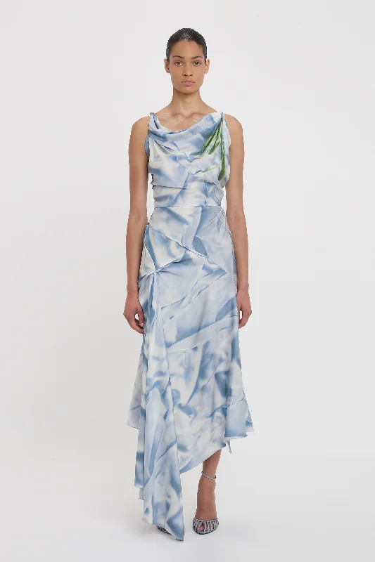 Limited Time Flash Sale Asymmetric Draped Midi Dress In Ice Blue Satin Flowers Chic Urban Fashion Look