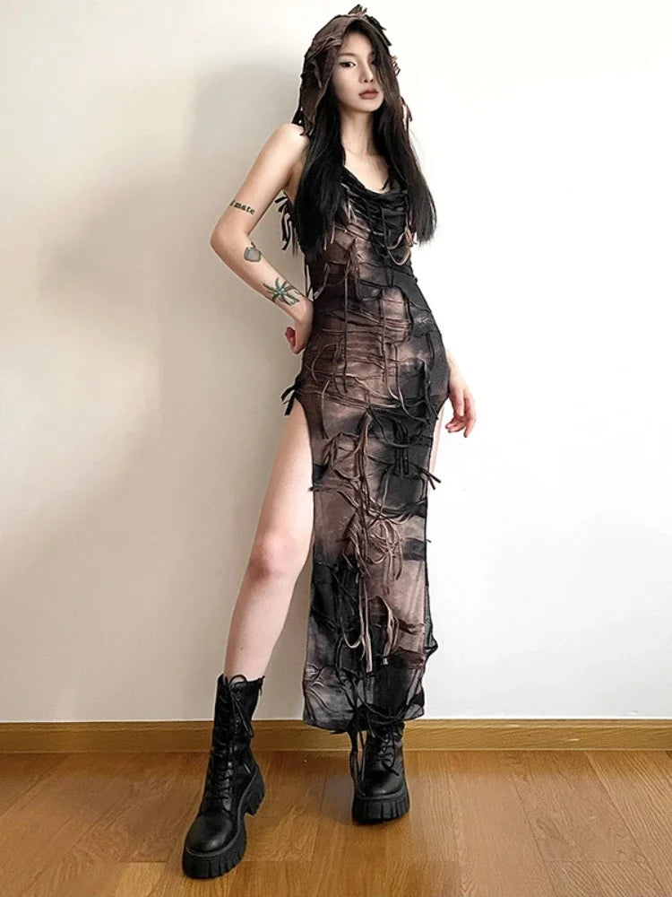 Women's Clothing For Special Occasions Spring Fling Sale Tassel Vintage Gothic Hooded Midi Dress Grunge Y2K Sexy High Split Sleeveless Tie Dye Dress Women's Clothing For Special Occasions Spring Fling Sale Tassel Vintage Gothic Hooded Midi Dress Grunge Y2K Sexy High Split Sleeveless Tie Dye Dress