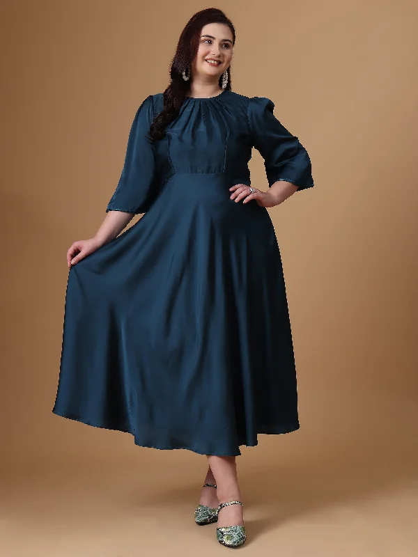 Break Fashion Norms Peacock Green Velvet Satin Flared Dress Elevated Style