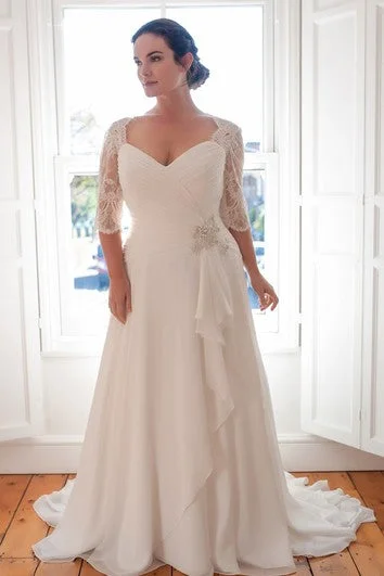 Fashion Essentials A-Line Floor-Length V-Neck Half Sleeve Chiffon Sweep Train Lace Dress Classic Timeless Elegant Style