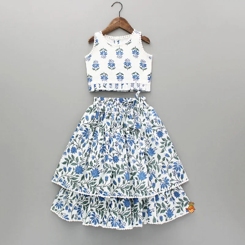 Imeless Style Floral Printed Top And Layered Lehenga Vintage Retro Party Wear