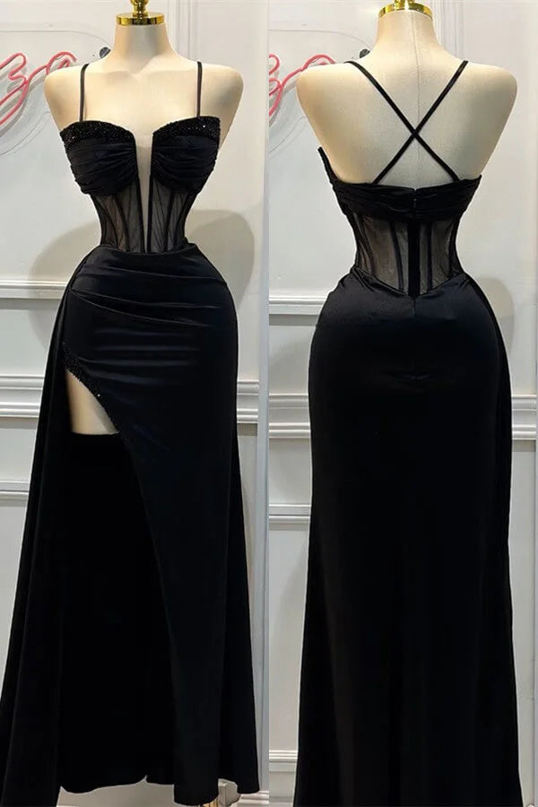 Stylish Statements Black Spaghetti Straps Sheath Satin Long Formal Prom Dress, D28 Playful Elegance
