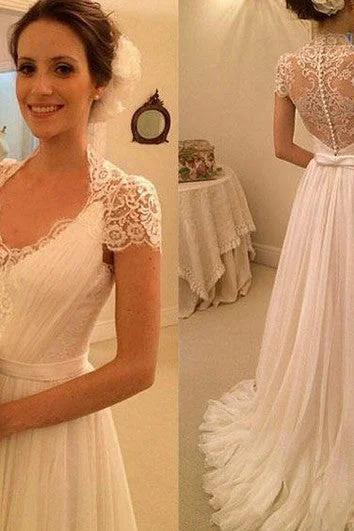 Final Sale A-Line Long Cap Zipper Lace-Up Back Keyhole Chiffon Lace Dress Score Big On Glamorous Red - Carpet Styles