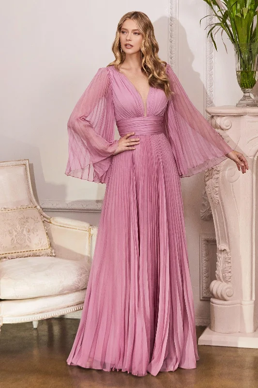 Vintage-Inspired Style Offers Cinderella Divine CD242 Long Sleeve Pleated Formal Prom Dress Blossom Pink Contemporary Chic