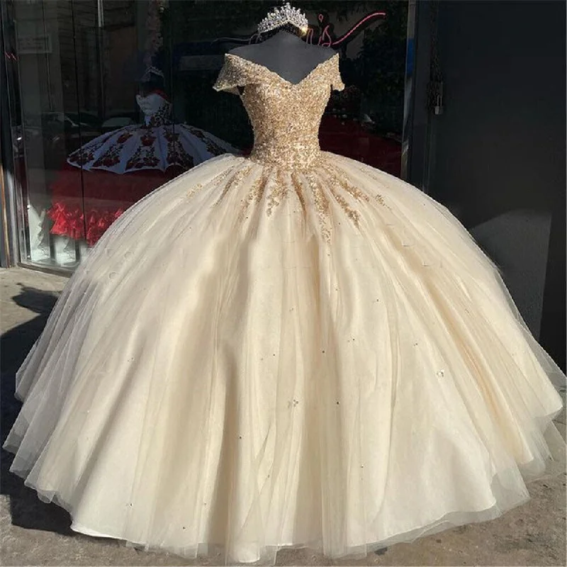 Limited Stock, Big Discounts Off the Shoulder Quinceanera Dresses Champagne Lace Appliqued Beaded Ball Gown Y4148 Romantic Detailing
