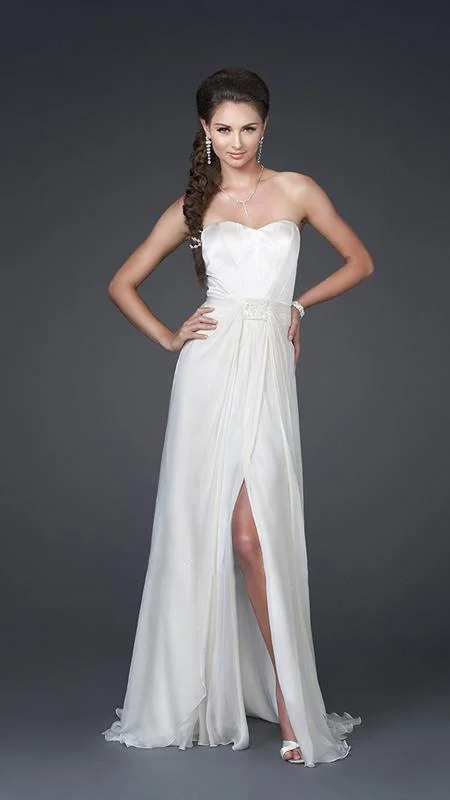 Vintage-Inspired Style Offers La Femme - Silk Fitted Bodice High Slit Chiffon A-Line Gown 15586 Feminine Soft - Hued Styles