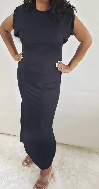 Elegant Fashion Offers Shoulder Pads Maxi Dress In Black Art Deco Geometric Pattern Look