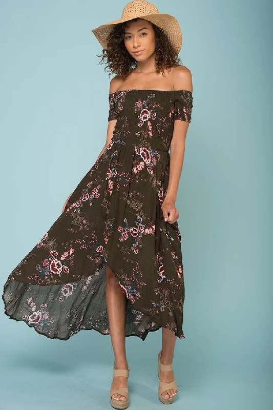 Hot Deals Summer Picnic Floral Print High Low Midi Dress Khaki Chic Urban Fashion Look