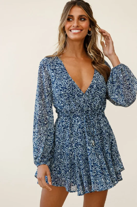 Budget-Friendly Fashion Marlene Long Sleeve Drawstring Waist Dress Floral Print Navy End - Of - Month Blowout