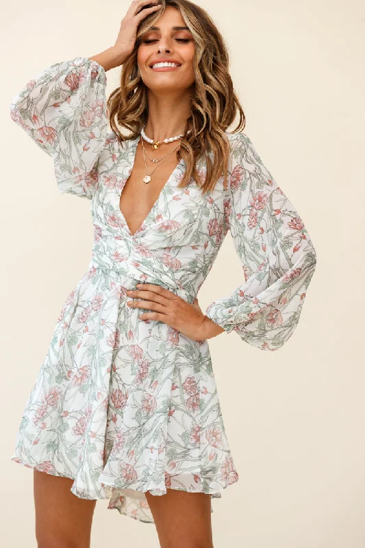 Shop The Hottest Deals Jessinta Long Sleeve Pintuck Waist Dress Floral Print White Effortless Sophistication