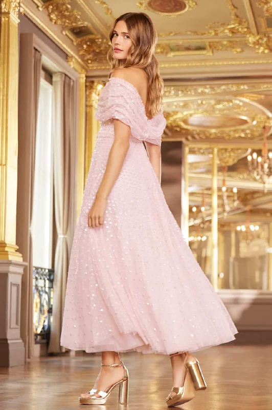 Imeless Style Grace Gloss Off-Shoulder Ankle Gown Bold Silhouette
