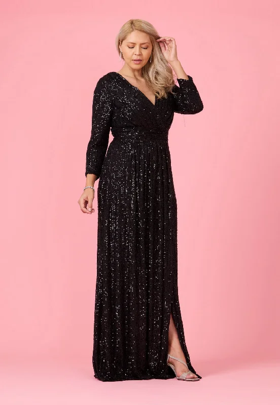 Fashionista Sale Long Sleeve Sequin Formal Hand Beaded Dress Black Everyday Glamour