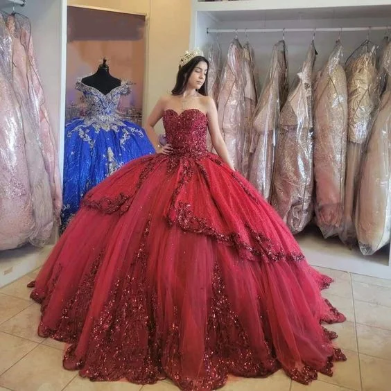 Special Offers Red New Quinceanera Dresses Sequin Beading Appliques Sweetheart Formal Party Princess Ball Gowns Vestidos Y4257 Effortless Style