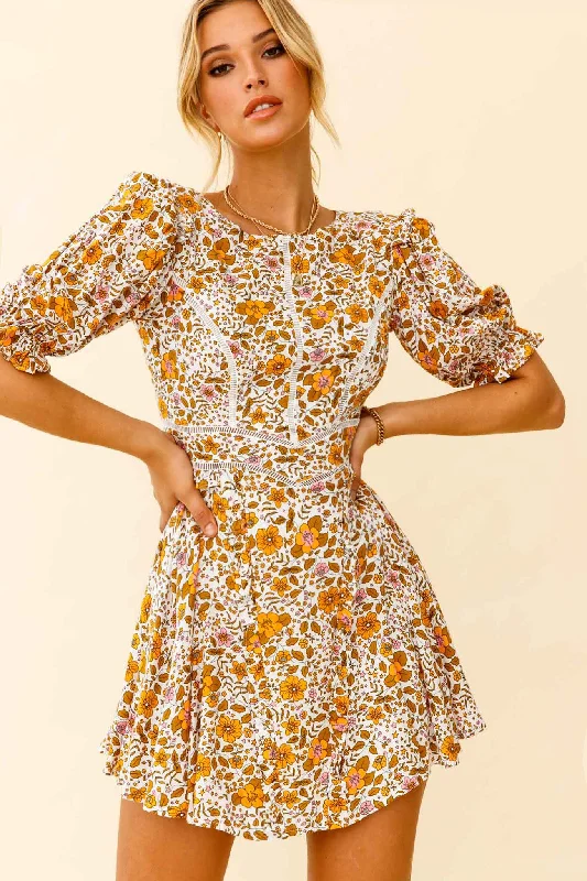 Flash Sale First Impressions Puff Sleeve Keyhole Back Dress Floral Print White/Yellow Statement Piece