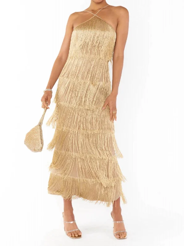 Unleash Your Trend Driven Style Gatsby Maxi Dress In Gold Rush Fringe Feminine Flow