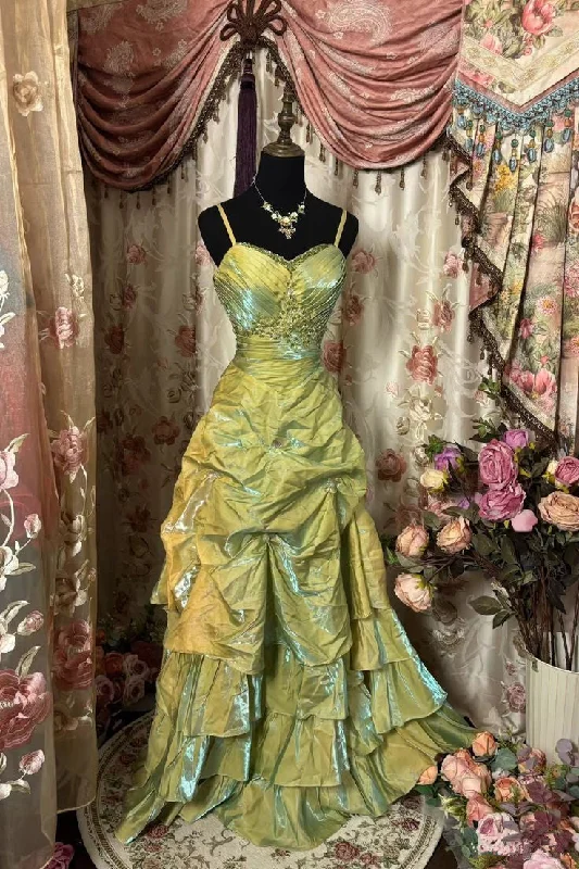 Huge Price Cut Green Spaghetti Straps A-Line Satin Retro Prom Gown Long Party Dress, D261 End - Of - Month Blowout
