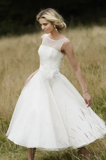 Elegant Fashion Offers Demure Illusion Neckline Tea Length Dress With Floral Detail Final Clearance