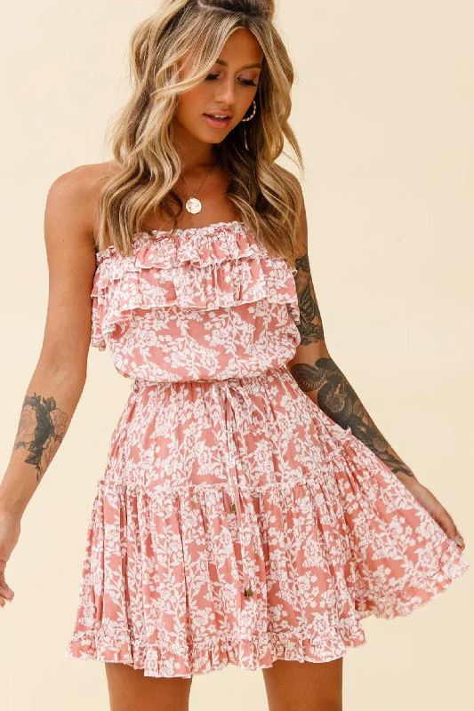Discover Promotions Raquel Strapless Layered Dress Floral Print Blush Flowy Fabric