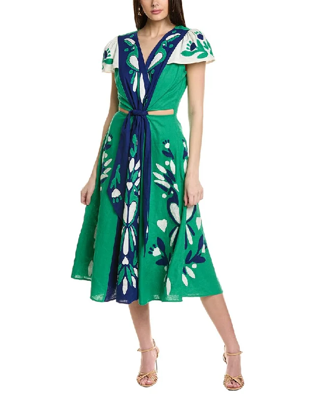 Feminine Style Promotions FARM Rio Soft Garden Patchwork Linen-Blend Midi Dress Seasonal Trend