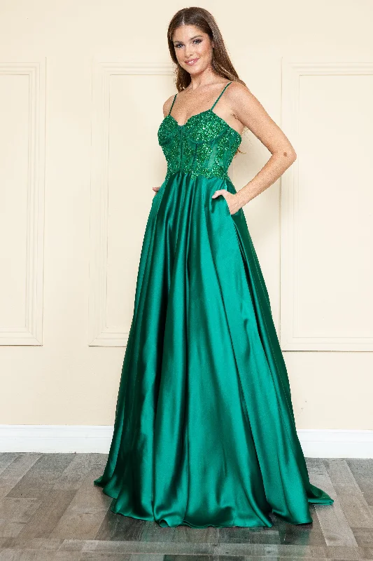 Elevated Casual Discounts Embroidered Satin Gown by Poly USA 9126 Final Clearance