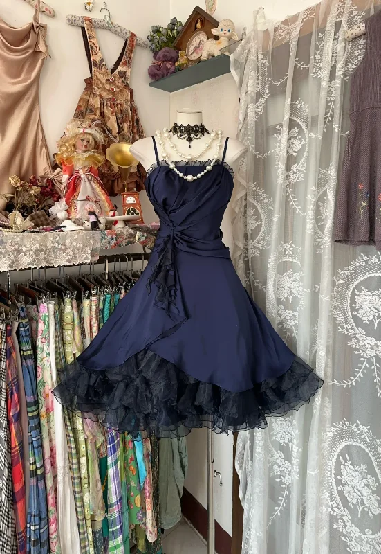 Discover Promotions Navy Blue Straps A-Line Satin Vintage Short Party Dress Homecoming Dress, D340 Refined Simplicity