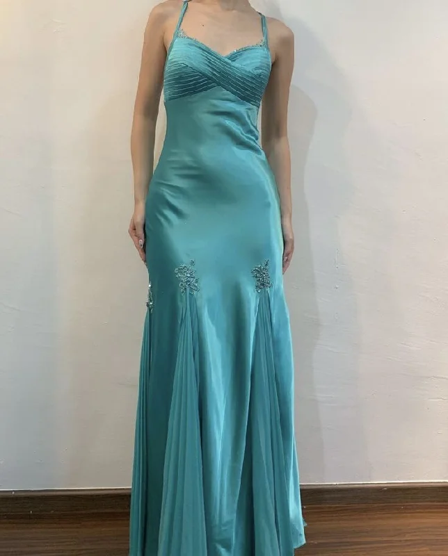 Exclusive Discount Blue Straps Sheath Satin Vintage Long Prom Dress Evening Gown, MD7939 Parisian Effortless Chic Style