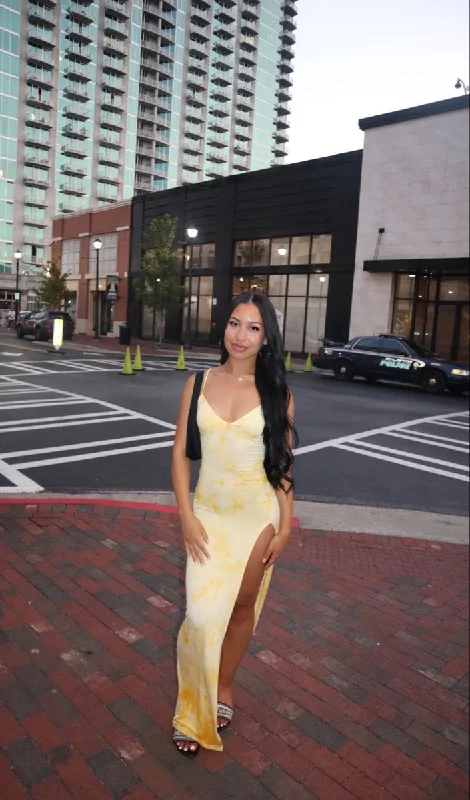 Get The Latest Trends Light Yellow V Neck Straps Sheath Satin Long Party Dress, D51 Bold Patterns