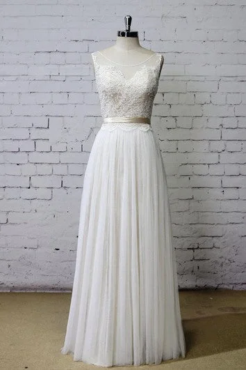 Trend Leading Collection Scoop Neck A-Line Tulle and Lace Dress With Pleats and Satin Sash End - Of - Month Blowout