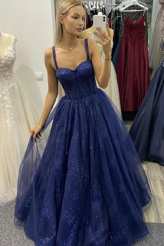 Premium Style Glitter Blue Tulle Long Prom Dress A-line Evening Gown Y316 Limited - Edition Drops