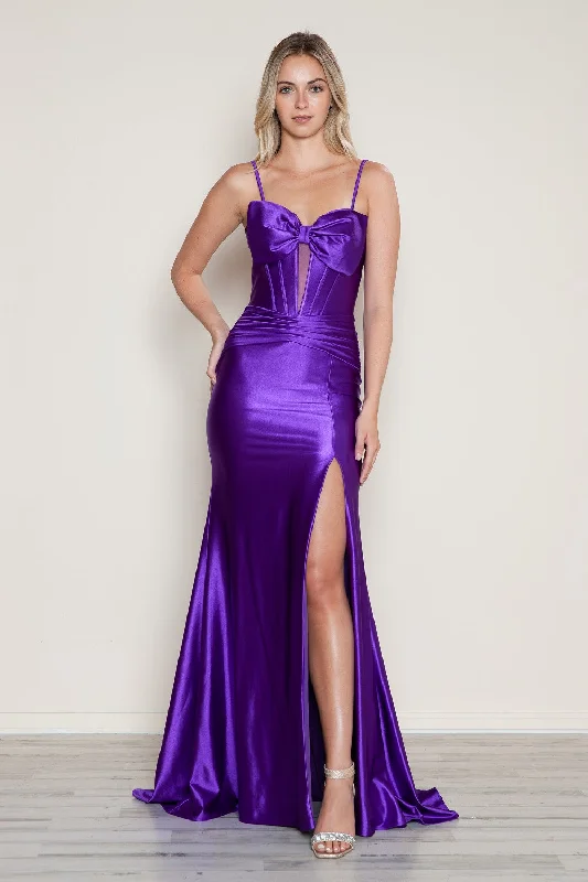 Laid-Back Fashion Offers Satin Fitted Sleeveless Slit Gown by Poly USA 9644 Graceful Cut