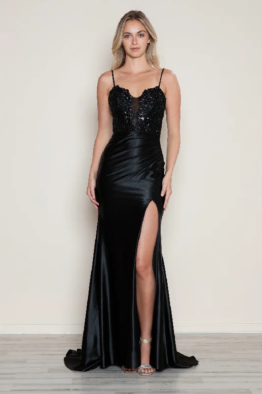 Cozy Comfort Style Sale Applique Satin Sleeveless Slit Gown by Poly USA 9616 Sleek Design