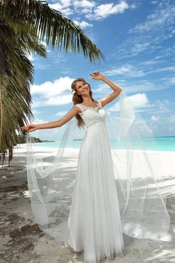 Classic Elegance Sales A-Line Floor-Length Scoop-Neck Cap-Sleeve Empire Corset-Back Tulle Dress With Appliques And Beading Early Access To Art Deco Styles Sale