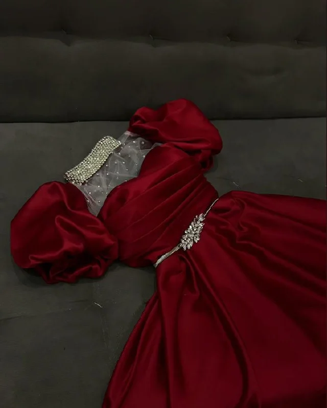 Season Offer Red High Neck Puffy Sleeves A-Line Satin Lovely Long Party Dress, D314 Weekend Special