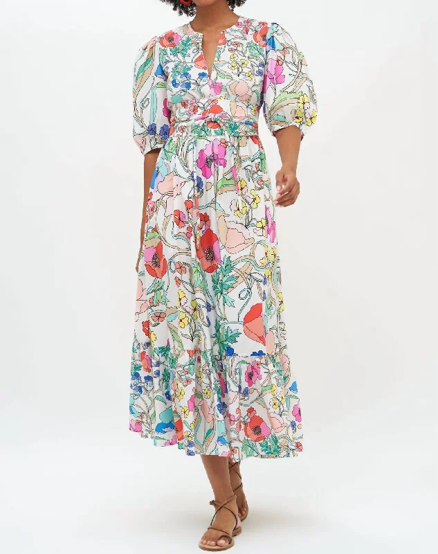 End-Of-Season Clearance Puff Sleeve Maxi Dress In Zinnia Multi Today Only