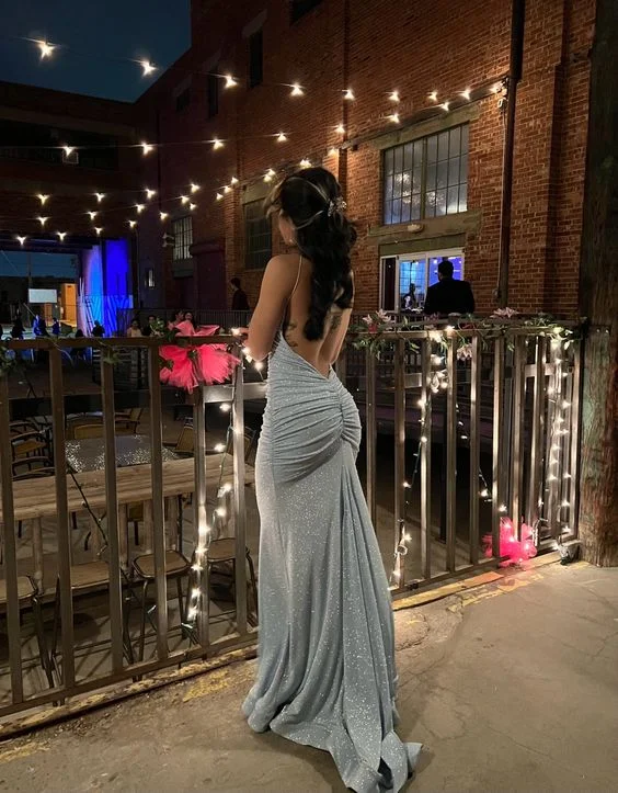 Unleash Your Trendy Side Sparkly Blue Backless Evening Dress,Blue Evening Gown  Y7416 Bold Silhouette