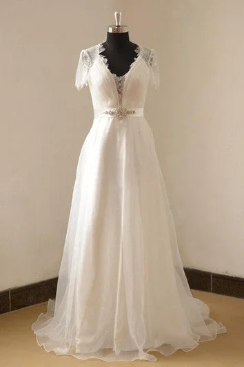 End Of Season Sale Organza Short Sleeve V-Neck A-Line Gown With Pleated Bodice and Beadwork Graceful Cut